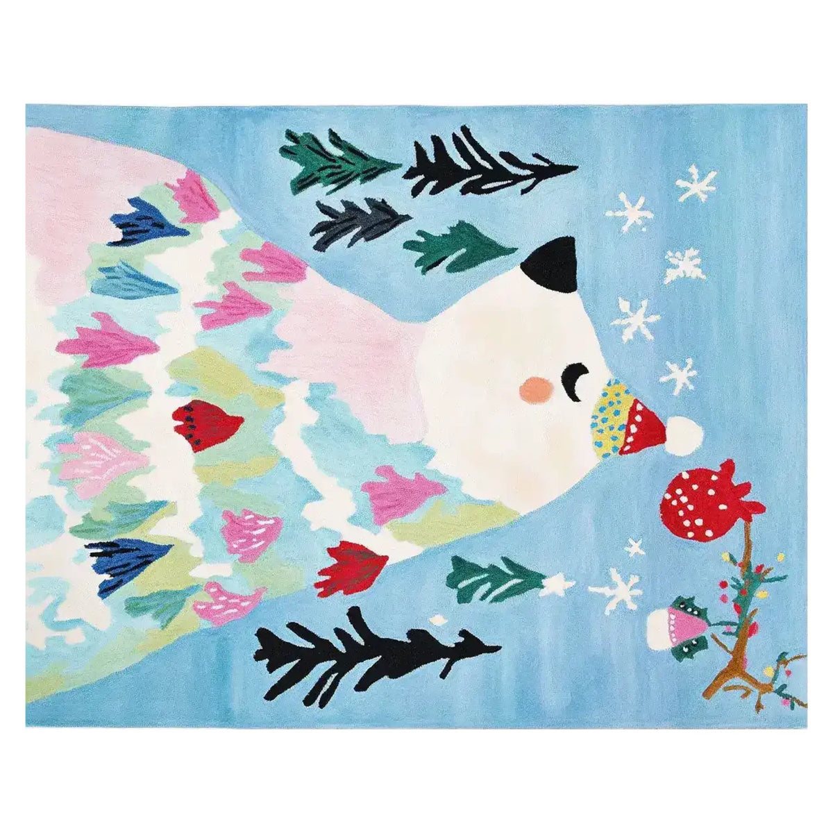 Charming Winter Bear Whimsy Hand Tufted Area Rug featuring a playful bear design with colorful abstract patterns, perfect for adding a cozy, artistic touch to any living room. This wool rug combines vibrant colors with a whimsical scene, making it an ideal choice for area rugs for the living room.