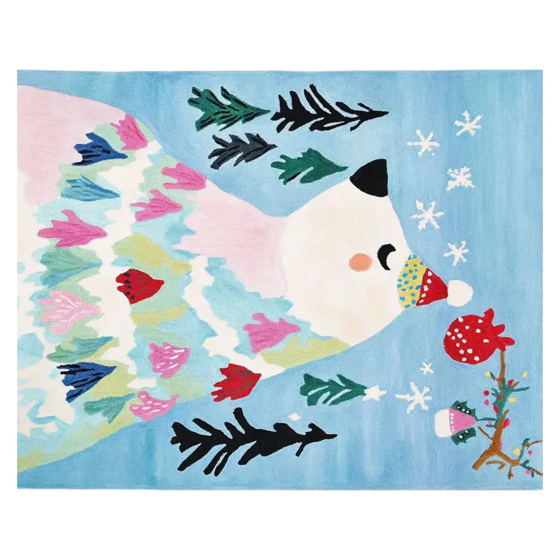 Charming Winter Bear Whimsy Hand Tufted Area Rug featuring a playful bear design with colorful abstract patterns, perfect for adding a cozy, artistic touch to any living room. This wool rug combines vibrant colors with a whimsical scene, making it an ideal choice for area rugs for the living room.