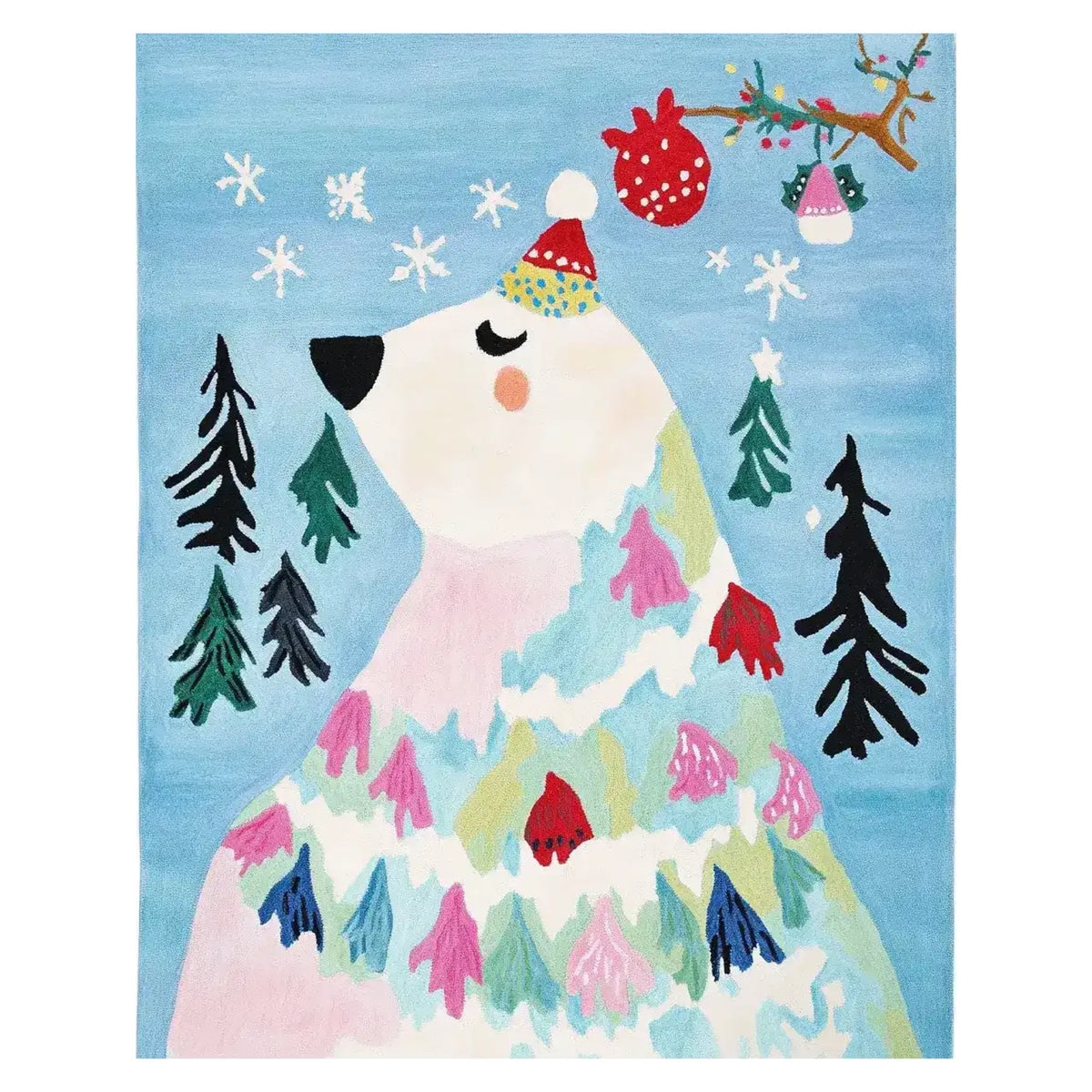 Charming Winter Bear Whimsy Hand Tufted Area Rug featuring a playful bear in a festive hat surrounded by colorful fir trees and snowflakes on a soft blue background. Perfect wool rug for adding a touch of fun to your living room, this area rug combines whimsy and warmth, making it an ideal choice for cozy living room area rugs.