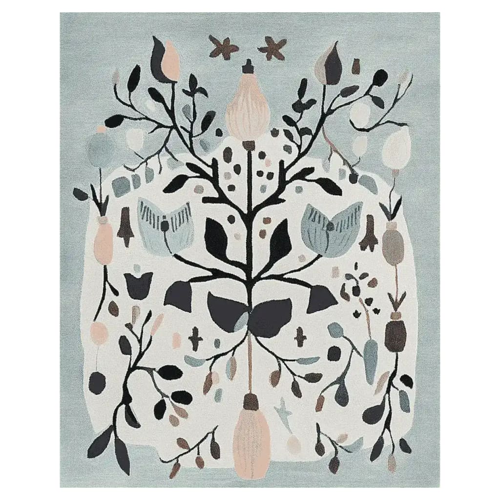 Top view of the Winter Garden Song Hand Tufted Area Rug featuring an intricate floral design in soft pastels and deep blacks, perfect for adding a touch of elegance to large living rooms. This wool rug showcases a blend of abstract and botanical elements, ideal for creating a cozy space.