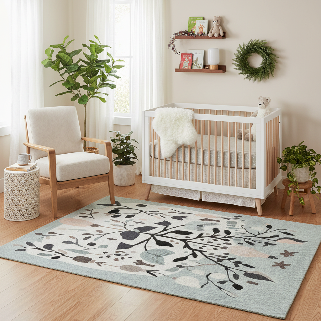 Nursery room with a crib, chair, and decorative rug.
