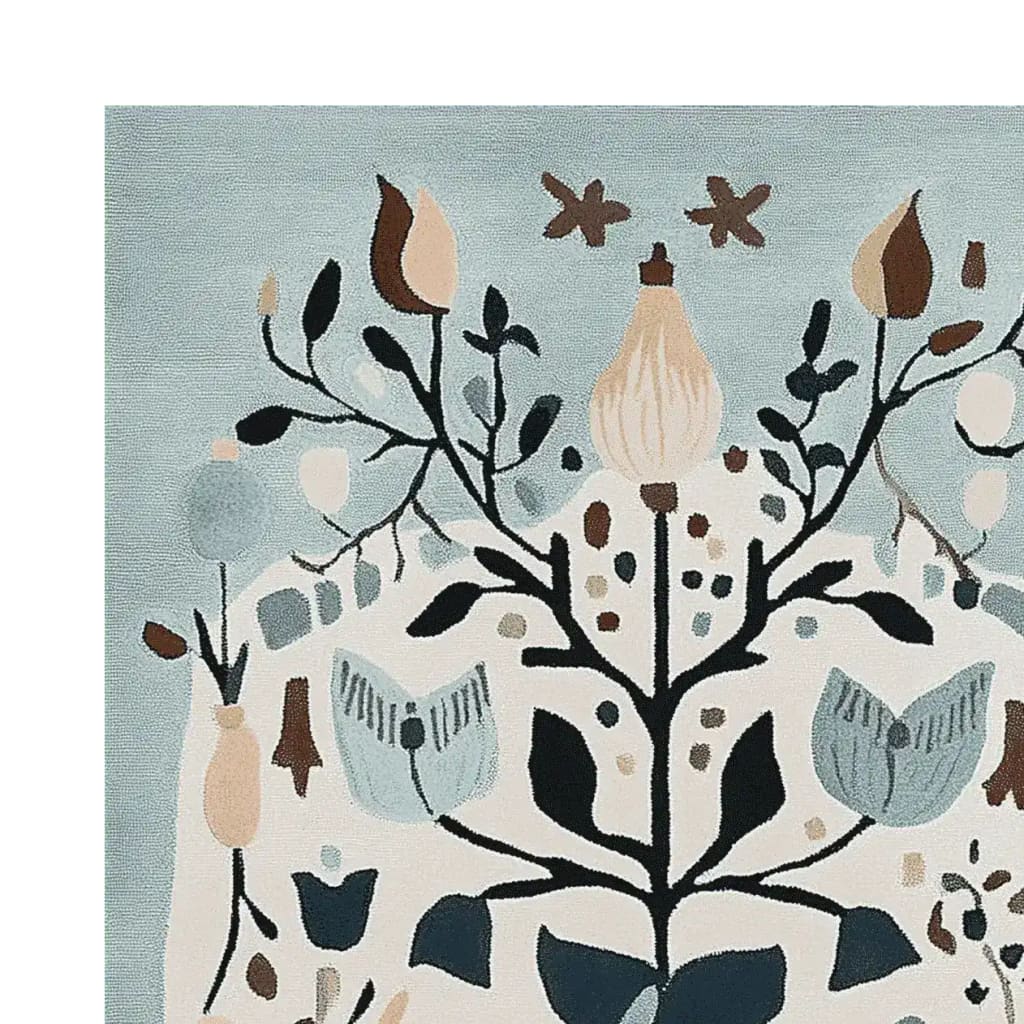 Elegant area rug with a hand-tufted design featuring abstract floral patterns in soft earth tones. This wool rug adds a touch of artistic flair to large living room spaces, showcasing intricate detailing and a harmonious color palette.