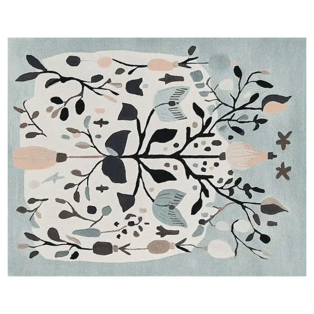 Top view of the Winter Garden Song Hand Tufted Area Rug, showcasing an intricate floral design in soft pastel colors, ideal for large living room spaces. This wool rug features elegant branches and leaves, adding a touch of nature-inspired elegance to your decor.