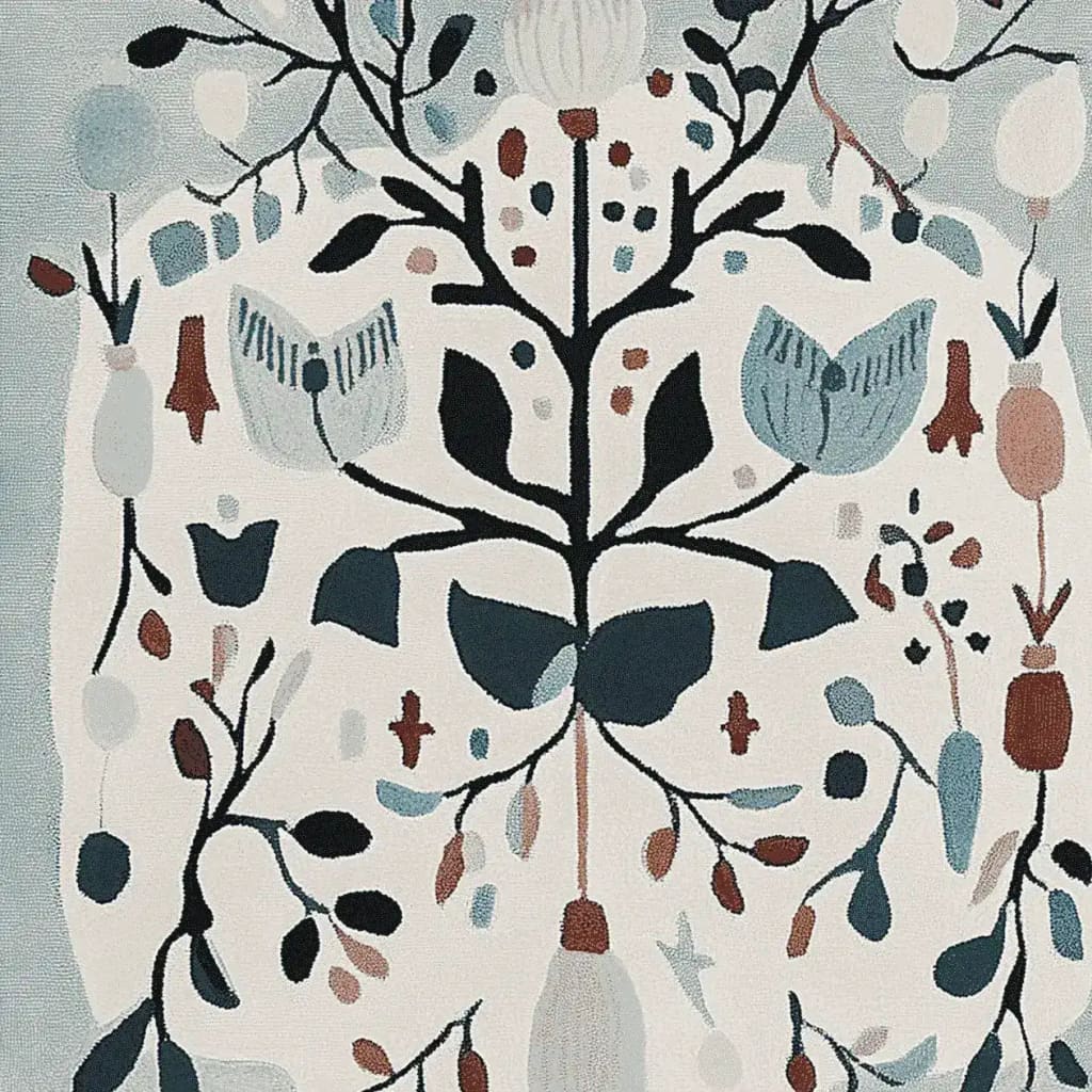 Close-up view of the Winter Garden Song hand-tufted area rug, showcasing an abstract floral design in muted tones. This wool rug is perfect for adding a touch of elegance to large living room spaces.