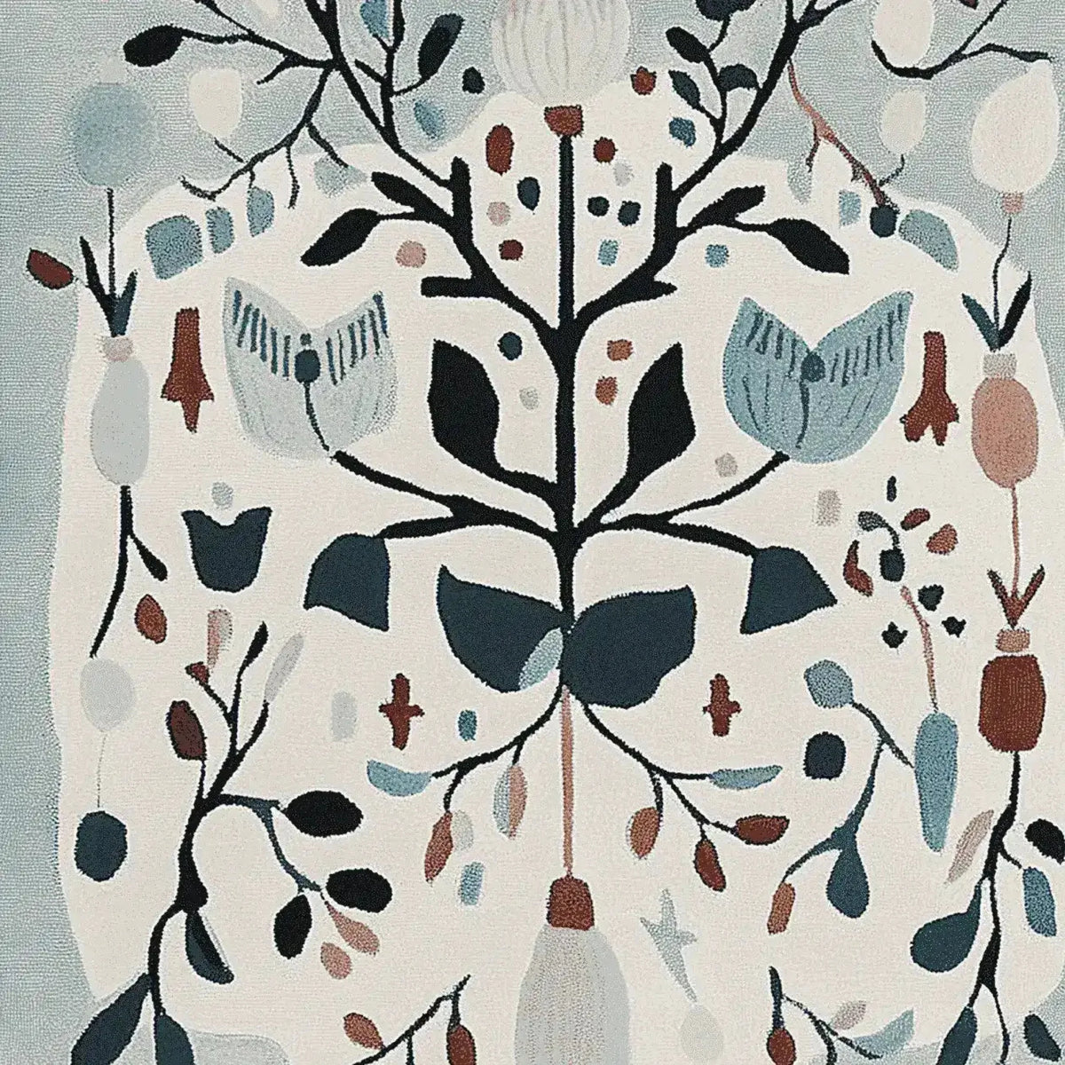 Close-up view of the Winter Garden Song hand-tufted area rug, showcasing an abstract floral design in muted tones. This wool rug is perfect for adding a touch of elegance to large living room spaces.