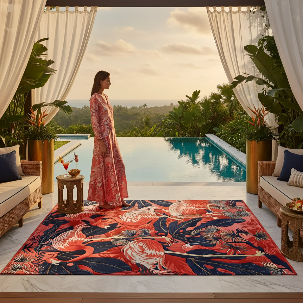 Woman in a pink dress standing by a pool with a decorative flamingo rug in the foreground.