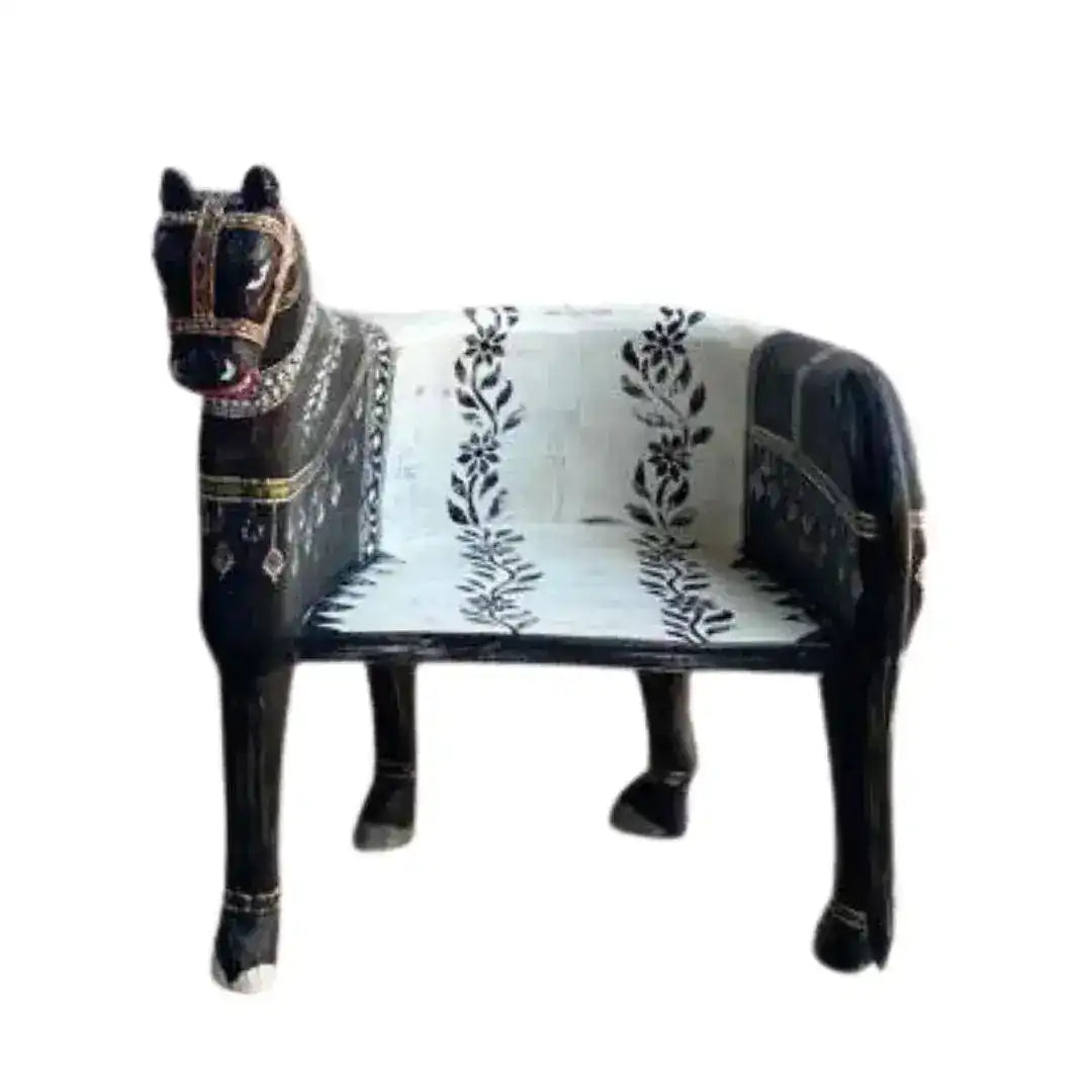 Wooden Horse Maharaja Chair right side view — black lacquered carved wood with white floral seat and decorative harness.