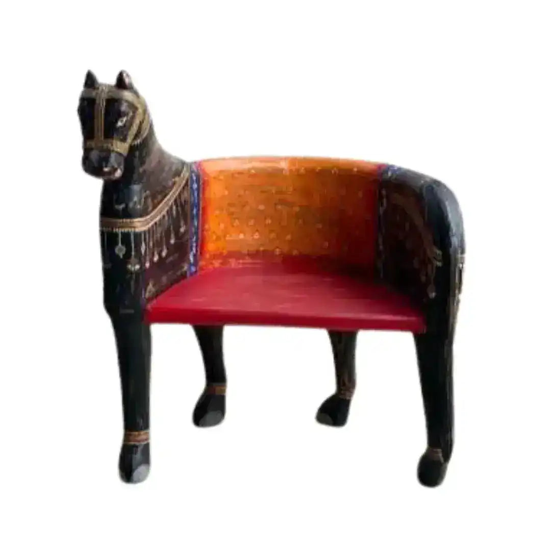 Right side view of wooden horse Maharaja chair, black carved body with gold harness, orange back and red seat