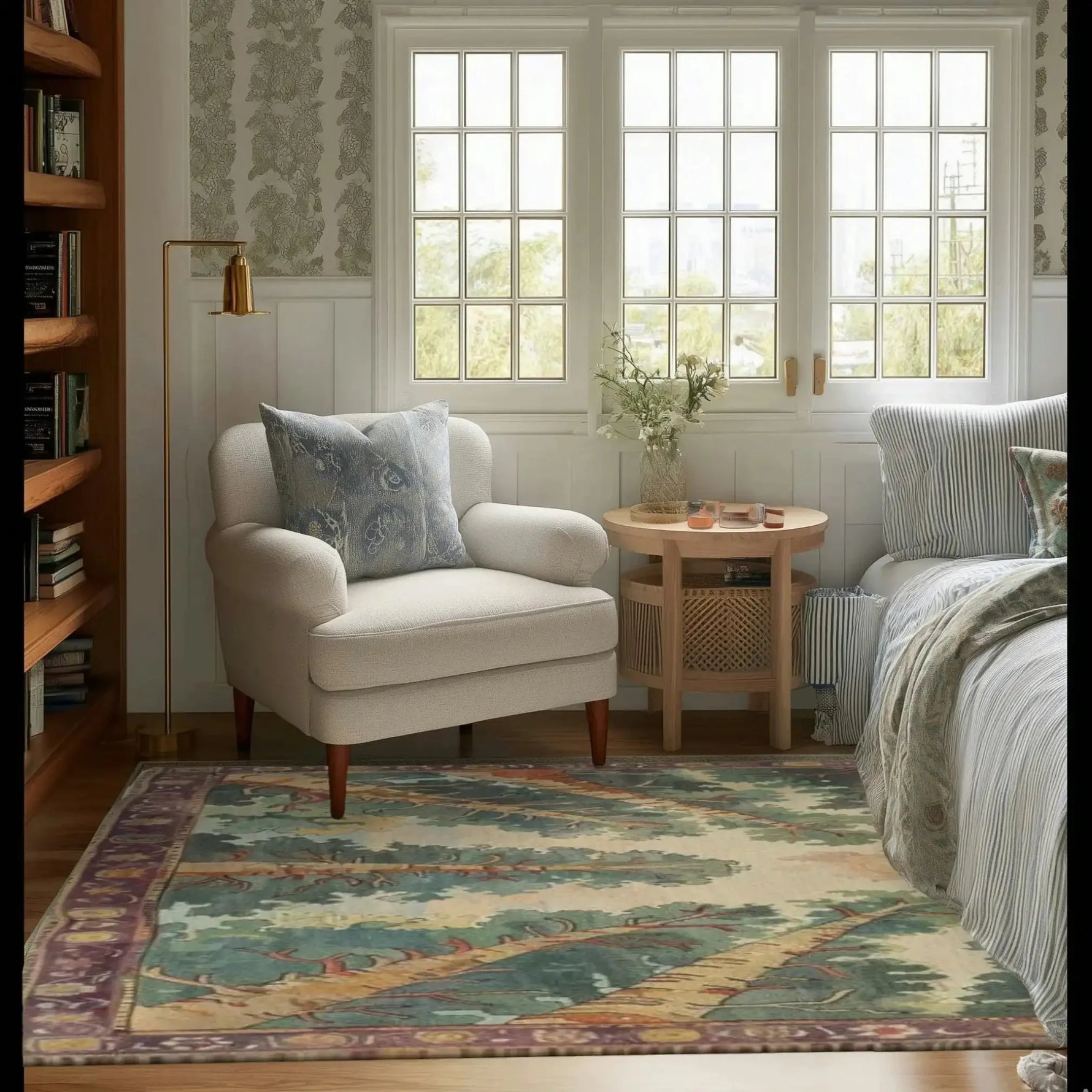 A cozy living room setting featuring a Woodland Charm Hand Tufted area rug with an abstract design. The wool rug adds warmth and style to the space, complementing the beige armchair and wooden side table. Large living room rugs like this one are perfect for creating a welcoming atmosphere.