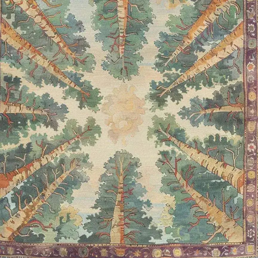 A beautiful Woodland Charm Hand Tufted Area Rug featuring an abstract canopy of trees design. This wool rug is perfect for large living rooms, adding a unique charm to any living room area. The intricate patterns and earthy tones make it an ideal living room area rug.