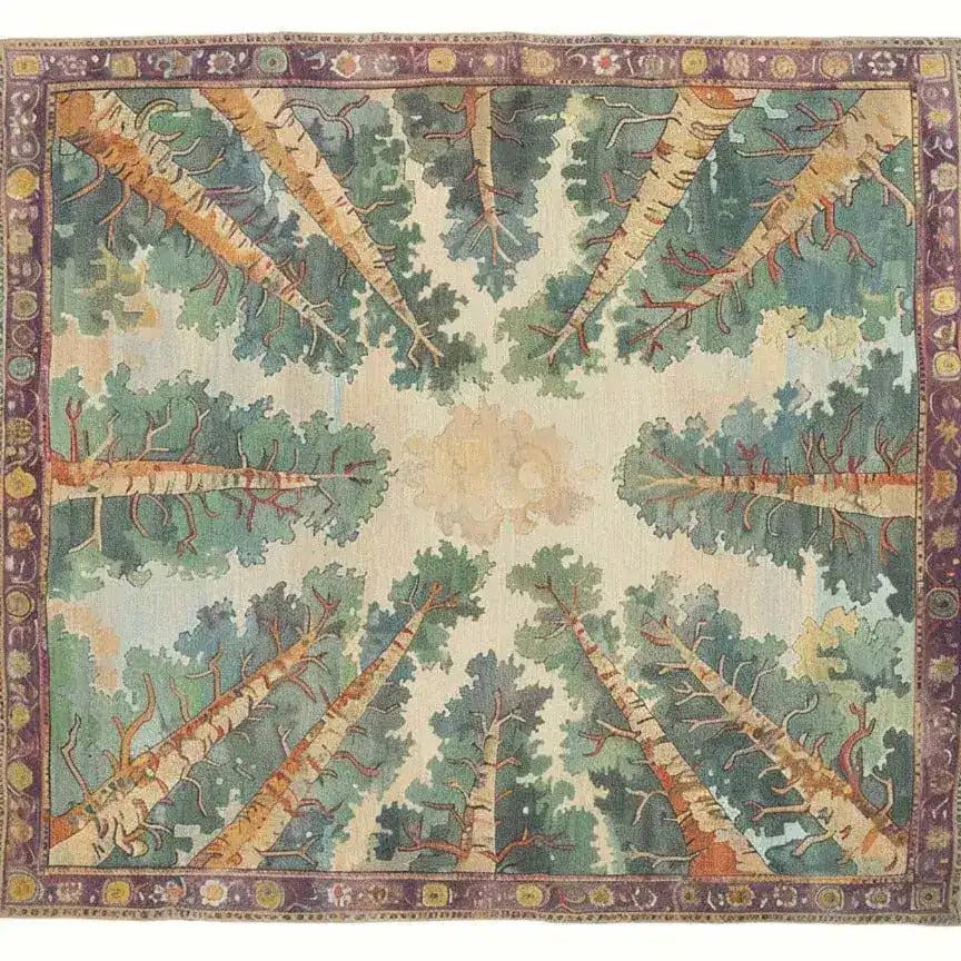 Top view of the Woodland Charm Hand Tufted Area Rug, showcasing a captivating forest design with tall trees reaching towards the center. This wool rug is perfect for those seeking large living room rugs that add a natural touch to their living room area.