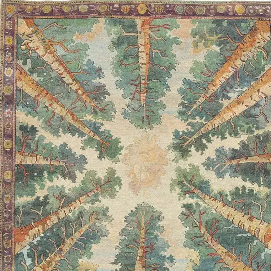 Top view of the Woodland Charm Hand Tufted Rug, featuring an intricate forest motif with tall trees and lush greenery, perfect for adding a touch of nature to a living room. This wool rug is ideal as a large living room area rug, blending seamlessly with various decor styles.
