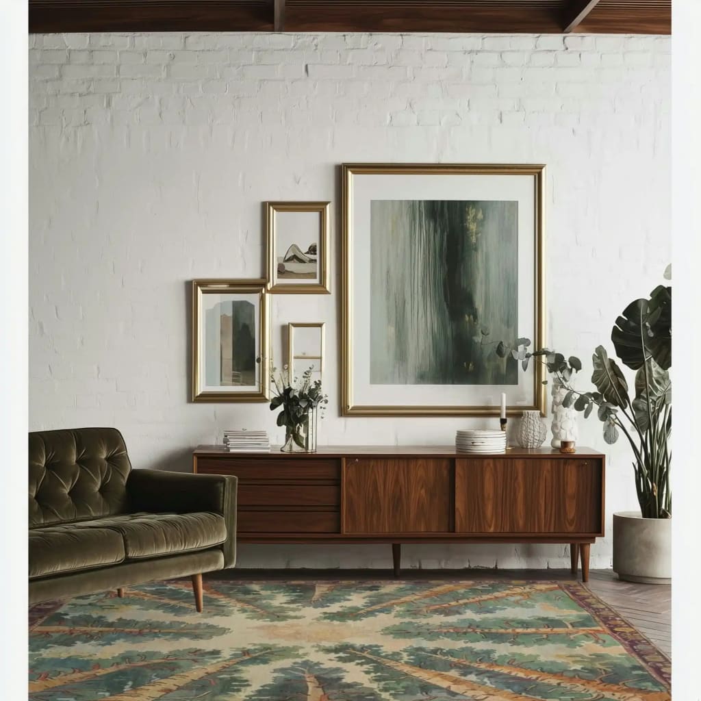 A stylish living room featuring a Woodland Charm Hand Tufted Rug as a central piece. This large living room area rug, crafted from wool, showcases an abstract pattern with earthy tones. The room is adorned with a mid-century modern wooden sideboard, framed artwork, and lush greenery, creating a warm, inviting atmosphere.