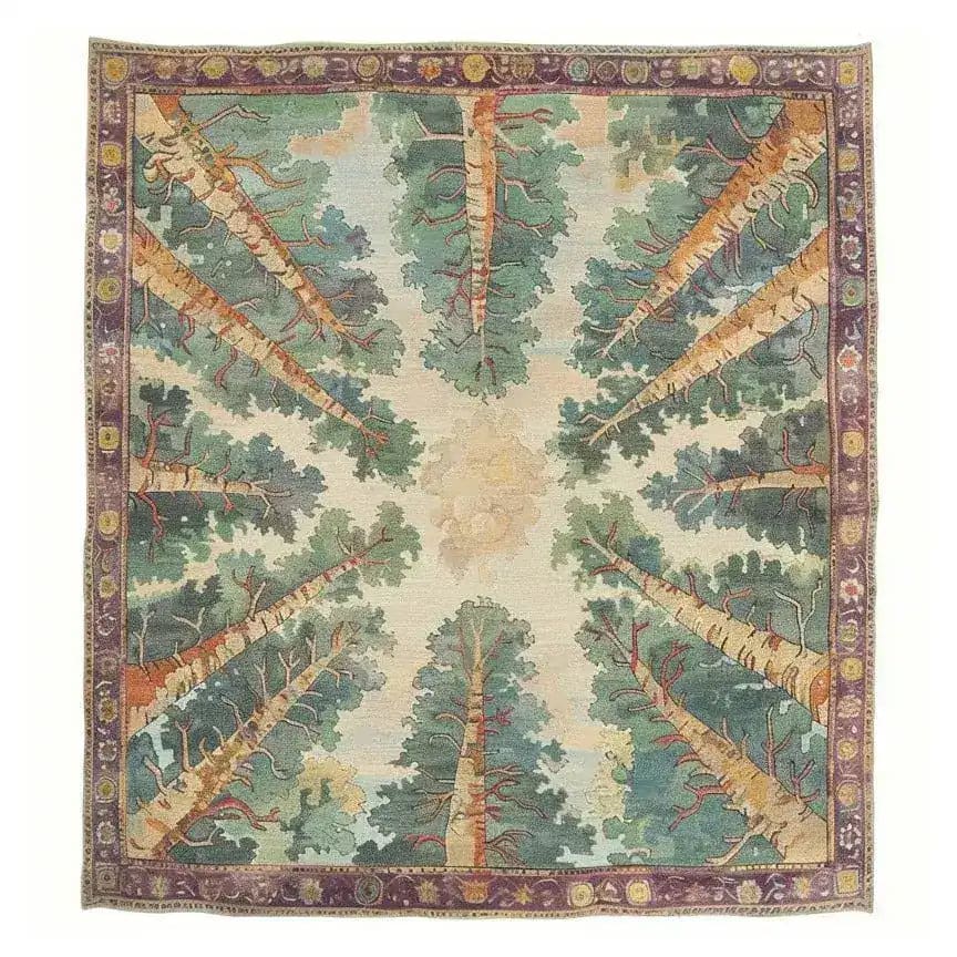 The Woodland Charm Hand Tufted Rug is a stunning area rug perfect for any living room. This wool rug features a unique forest-inspired design, with tree patterns radiating from the center, encompassed by a decorative border. Ideal for those seeking large living room rugs that are both stylish and functional.