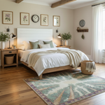 Neatly arranged bedroom with a bed, nightstands, a transitional wool rug, and decorative elements.