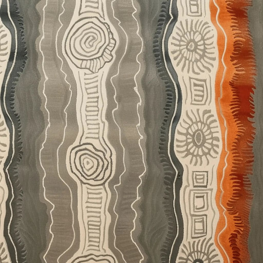 Contemporary area rug with abstract patterns in shades of gray, cream, and orange. This hand-tufted wool rug is perfect for adding a modern touch to living rooms or offices.