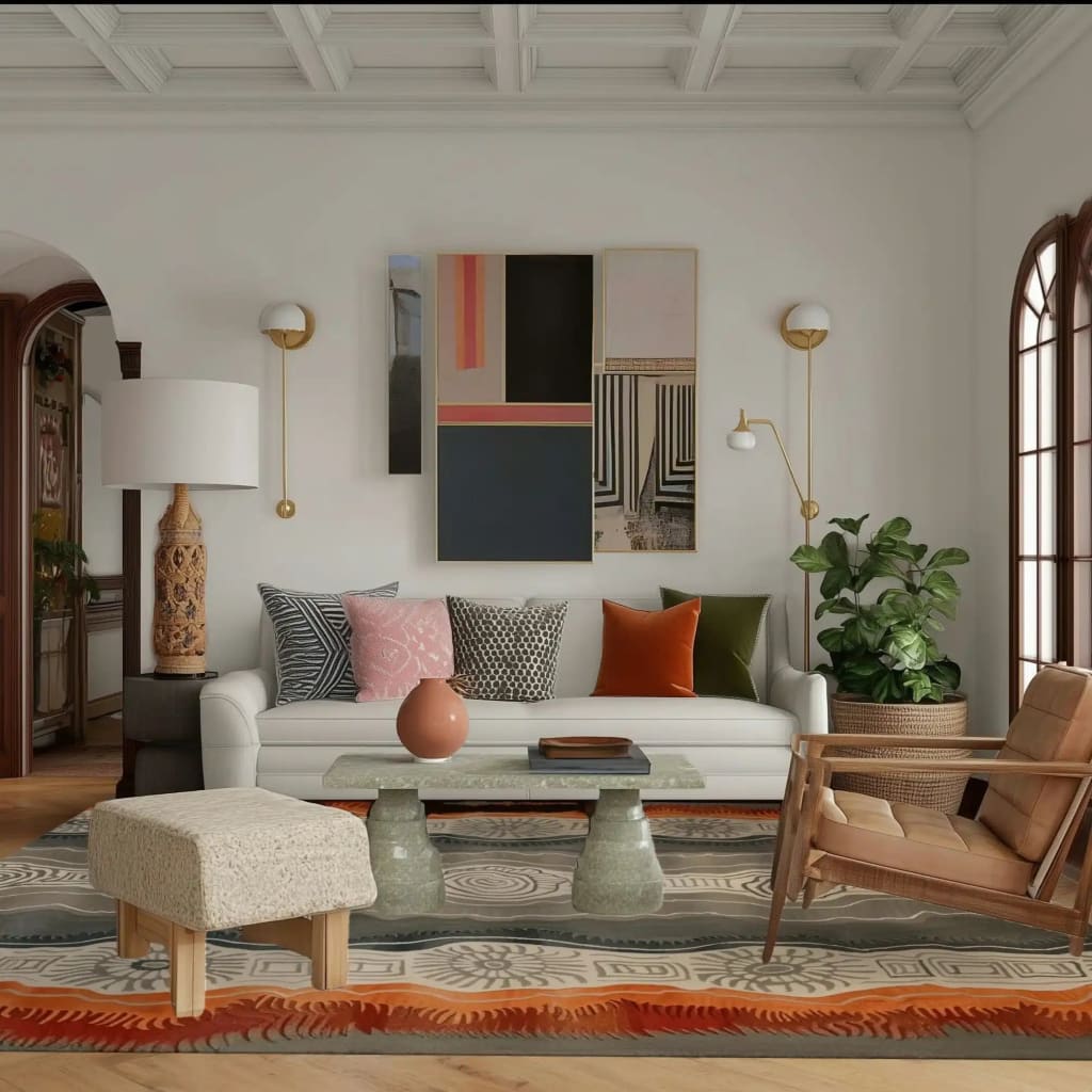 A beautifully designed living room featuring a Woodland Essence Hand Tufted Area Rug. This contemporary wool rug adds warmth and style to the space, with its intricate patterns and earthy tones. Perfect for living rooms or offices, it complements the modern decor with a cozy and inviting atmosphere.