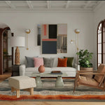 A beautifully designed living room featuring a Woodland Essence Hand Tufted Area Rug. This contemporary wool rug adds warmth and style to the space, with its intricate patterns and earthy tones. Perfect for living rooms or offices, it complements the modern decor with a cozy and inviting atmosphere.