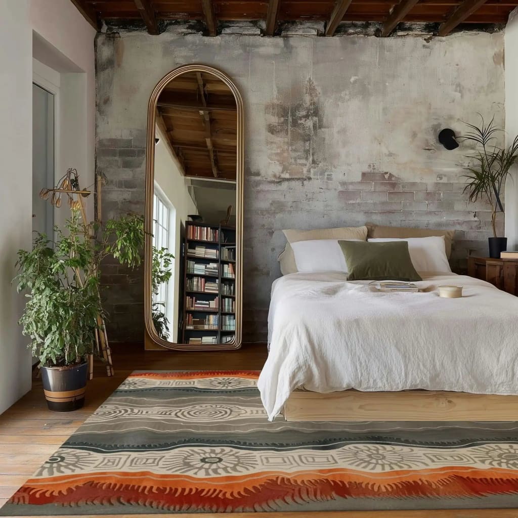 Stylish area rug showcasing a contemporary design in a cozy bedroom. This hand-tufted wool rug features intricate patterns and warm colors, ideal for enhancing rugs for living room or office spaces. Perfect as a living room area rug, adding a touch of elegance and comfort.