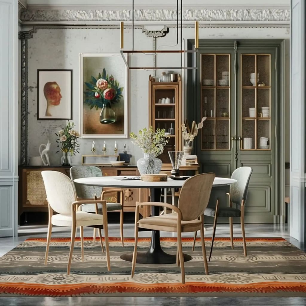 A beautifully designed Woodland Essence Hand Tufted Area Rug in a contemporary dining room setting. This wool rug, ideal for both office and living room spaces, features intricate patterns and warm colors that complement the modern decor, including stylish chairs and elegant furniture, making it a perfect choice for living room area rugs.