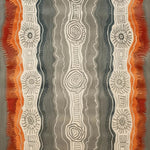 Top view of the Woodland Essence Hand Tufted Rug, showcasing an abstract design with earthy tones. This wool area rug features intricate patterns in shades of grey, orange, and beige, perfect for contemporary living rooms and offices seeking a modern accent piece.