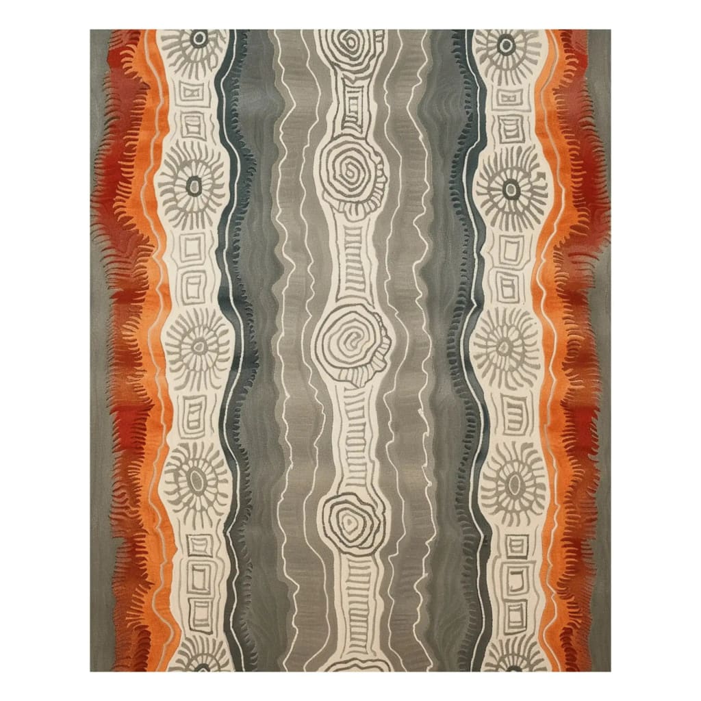 Top view of the Woodland Essence Hand Tufted Area Rug, featuring an abstract design with earthy tones of grey, orange, and white. This contemporary wool rug is perfect for adding a stylish touch to living rooms or offices, enhancing the space with its unique pattern.