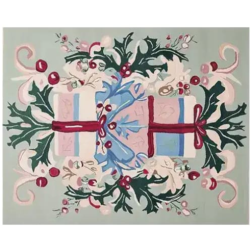 A beautifully designed hand-tufted area rug featuring a festive pattern with wrapped presents and greenery, perfect for adding warmth and style to your living room. This wool rug is ideal for those seeking elegant living room rugs in an 8x10 size, bringing a touch of holiday cheer to any space.