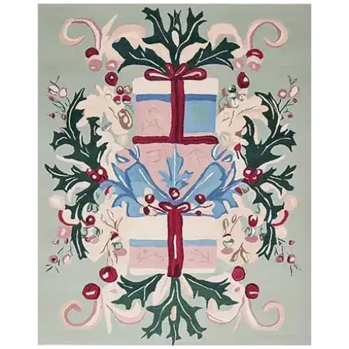 This vibrant hand-tufted area rug features a festive design with colorful wrapped presents and intricate botanical patterns, perfect for adding a touch of cheer to your living room. Ideal as a wool rug in an 8x10 size, it's a standout choice for area rugs in the living room.