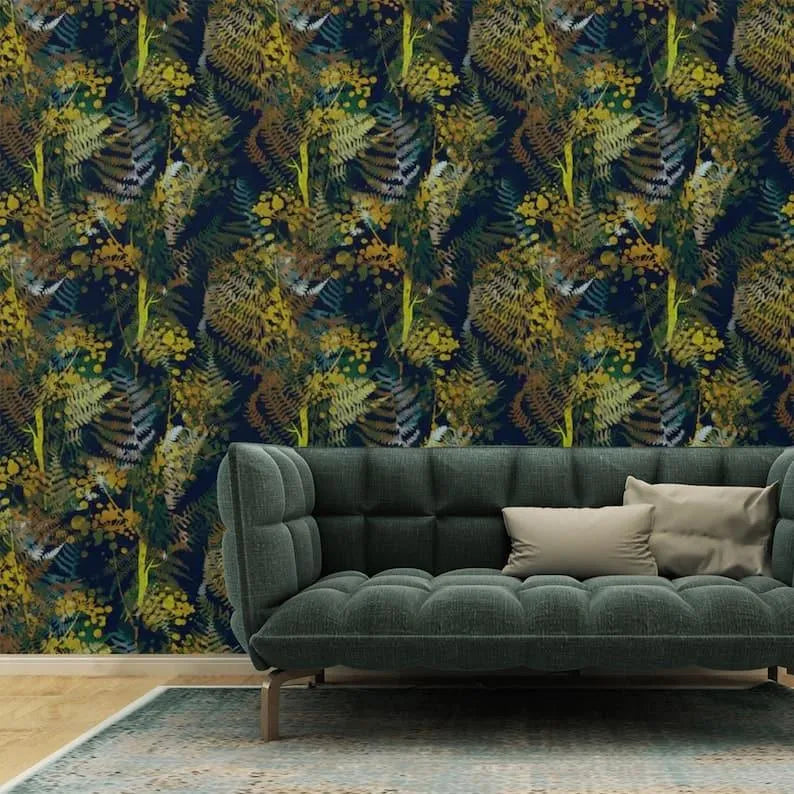 Yellow and Blue Watercolor Dark Botanical Leaves Wallpaper