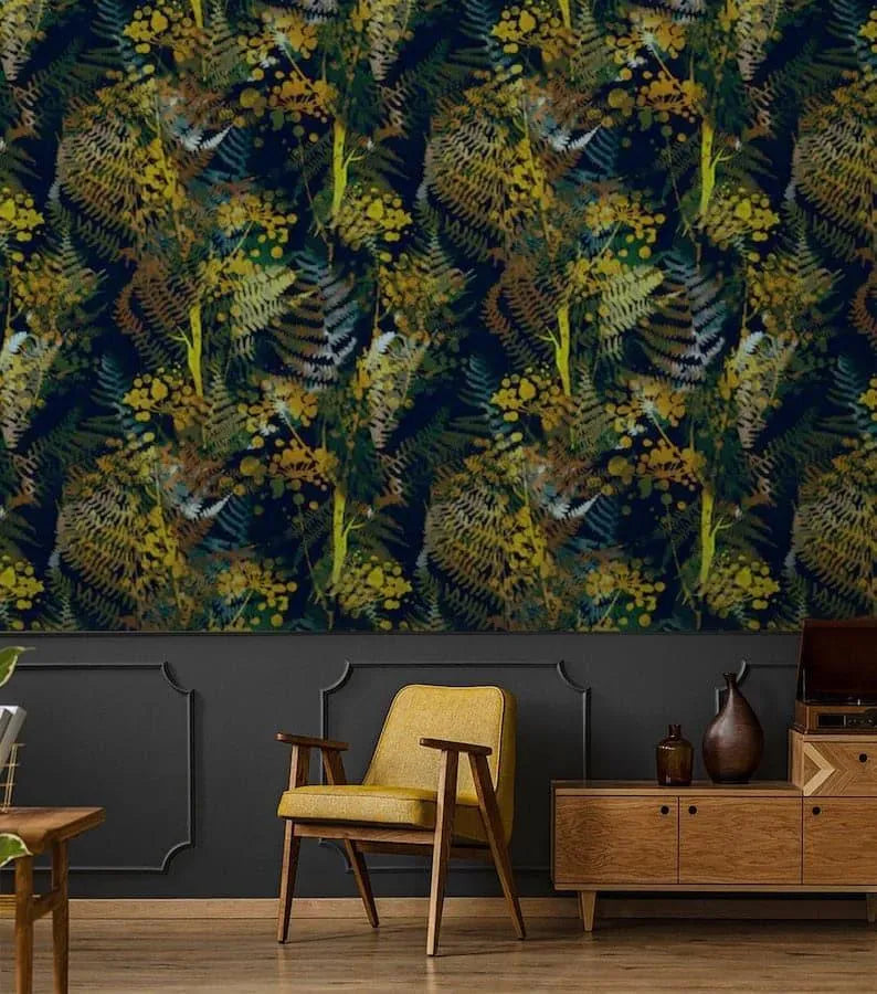 Yellow and Blue Watercolor Dark Botanical Leaves Wallpaper