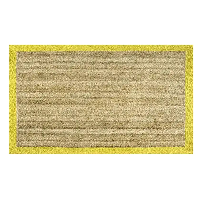 Top view of a Yellow Bordered Natural Jute Rug, ideal for large area rugs in a living room. This boho rug features a textured jute center with a vibrant yellow border, making it a perfect area rug for adding warmth and style to any living space.