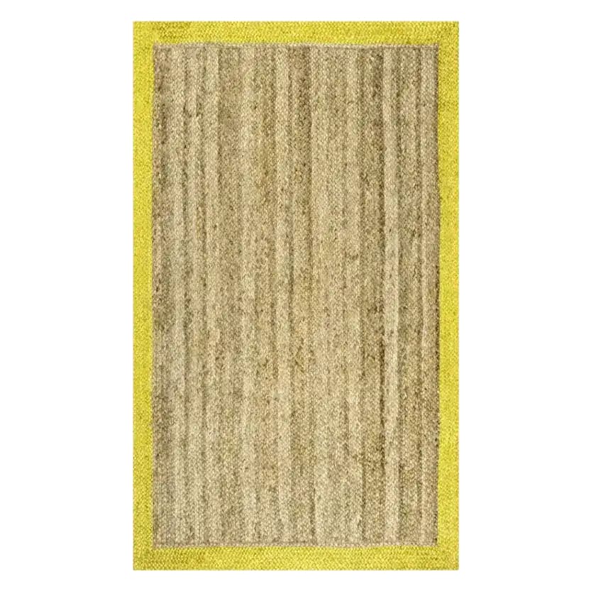 Top view of a Yellow Bordered Natural Jute Rug, perfect as a large area rug for living rooms. This boho-style area rug features a subtle natural texture, ideal for adding warmth and style to any living space.
