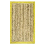 Top view of a Yellow Bordered Natural Jute Rug, perfect as a large area rug for living rooms. This boho-style area rug features a subtle natural texture, ideal for adding warmth and style to any living space.