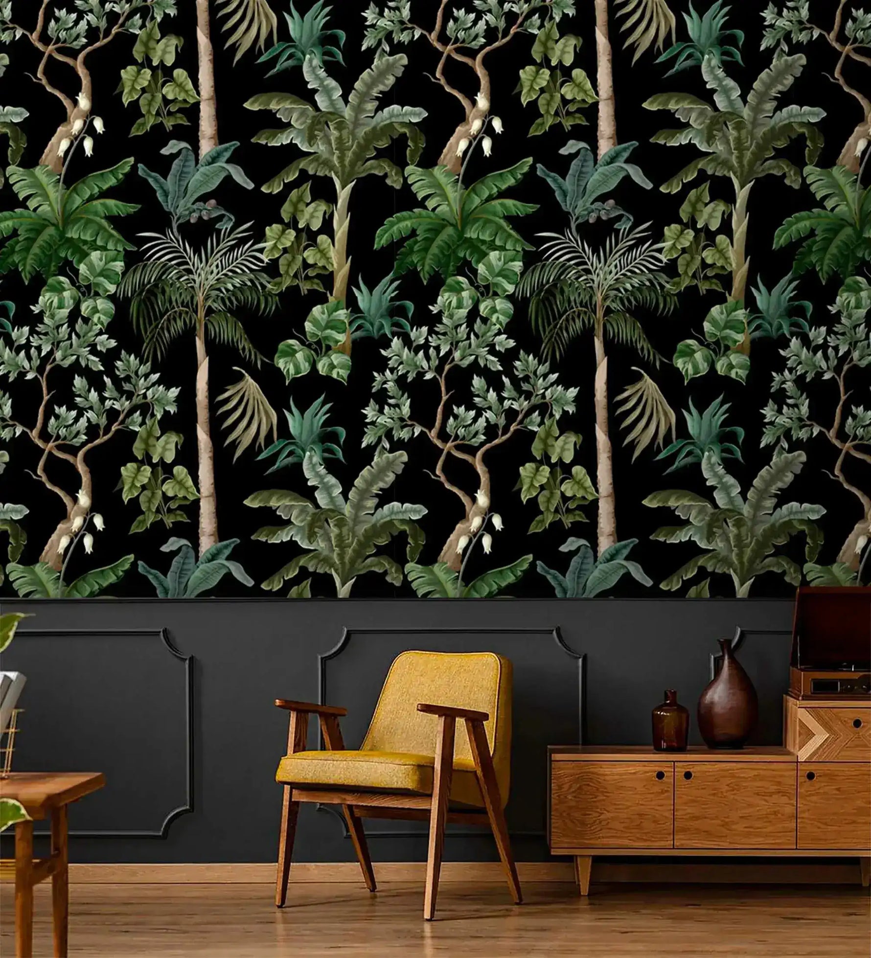 Yellow chair and credenza against jungle foliage wallpaper, green palms on a black ground