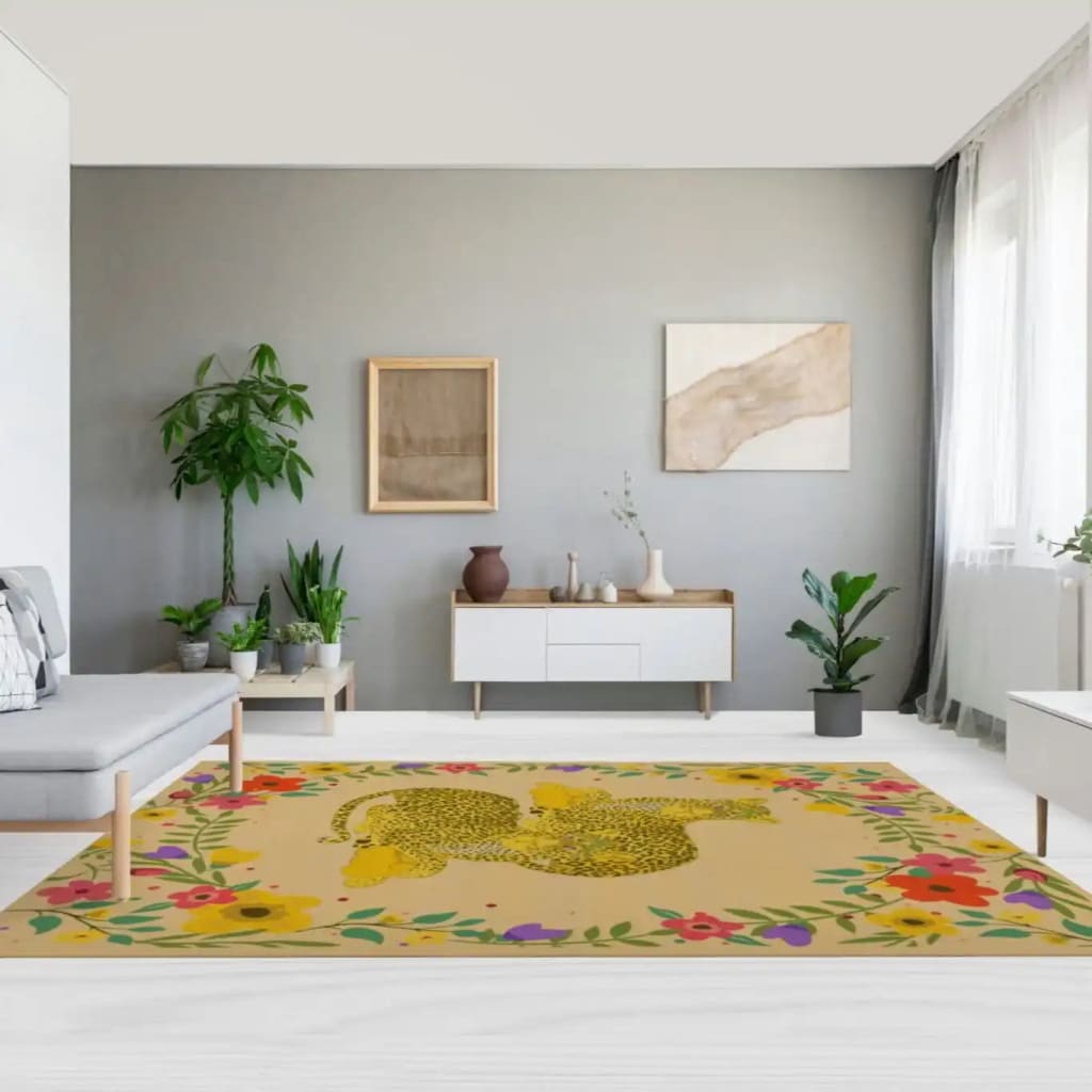 A stylish area rug featuring a yellow cheetah motif surrounded by vibrant floral patterns, placed in a modern living room with neutral tones. This wool rug adds a splash of color and elegance, perfect for enhancing the ambiance of an office or dining room setting.