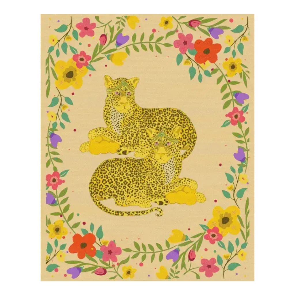 Vibrant Yellow Cheetah Twin Floral Hand Tufted Area Rug featuring playful cheetah motifs surrounded by colorful flowers, ideal for adding a touch of nature to your office or dining room. This wool rug combines artistic flair with practical use, perfect for office rugs or dining room carpets.