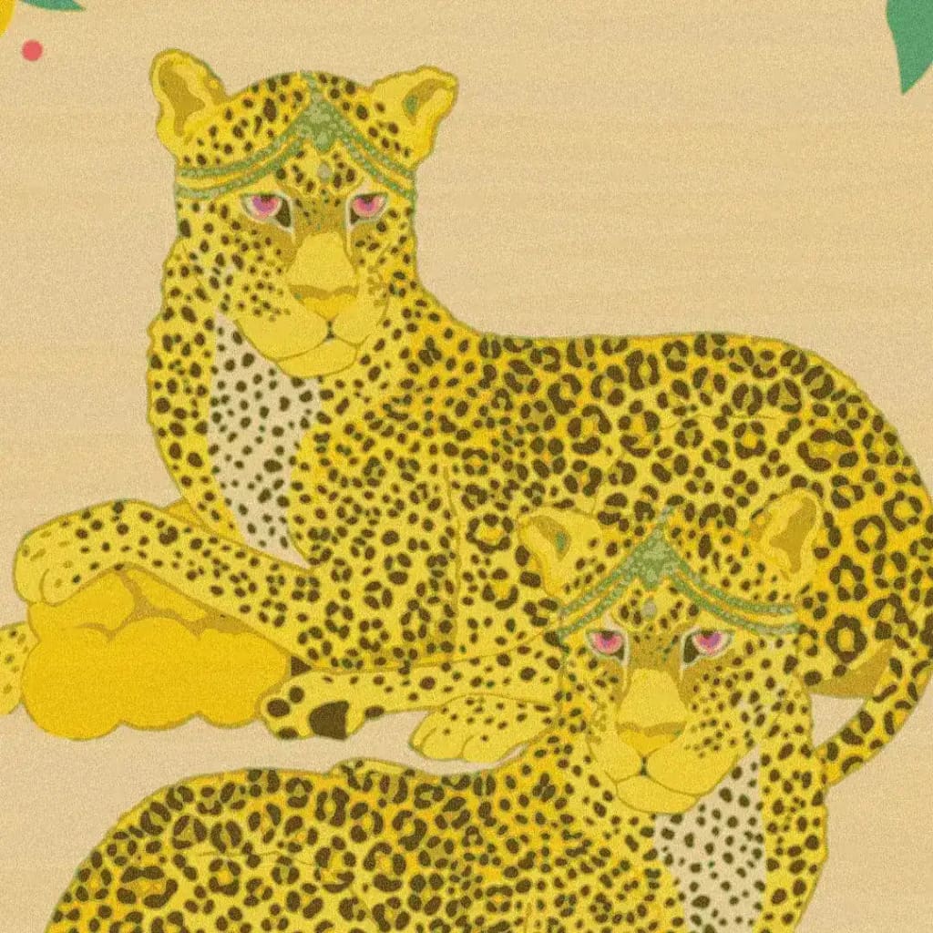 This vibrant area rug features two intricately detailed yellow cheetahs set against a soft, muted background, perfect for adding a touch of elegance to your office or dining room. Made from high-quality wool, this hand-tufted rug combines artistic flair with functionality, making it an excellent choice for office rugs or dining room carpets.