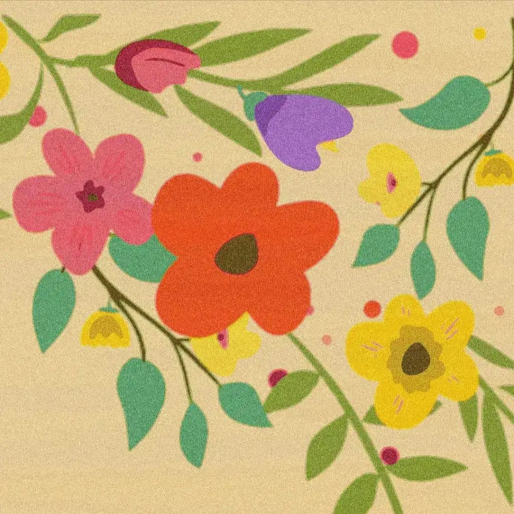 Vibrant floral design on a hand-tufted area rug, featuring colorful flowers and leaves on a soft yellow background. Perfect for adding a splash of color to an office or dining room, this wool rug brings warmth and style to any space.