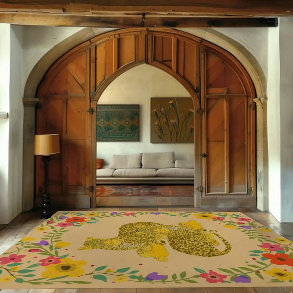 A stylish area rug with a yellow cheetah and vibrant floral border, adding a touch of elegance to a cozy room with wooden archways. Perfect as a wool rug for an office or dining room, this hand-tufted piece brings warmth and character to any space.