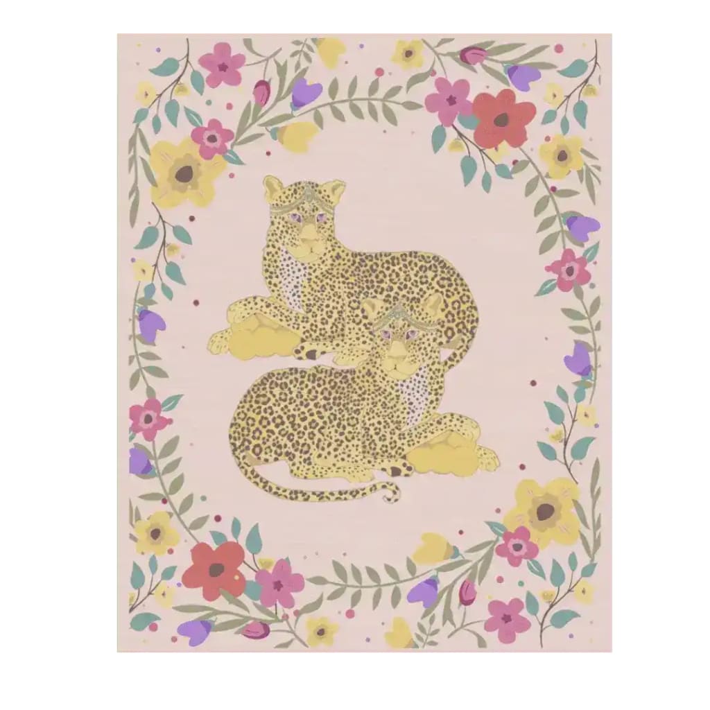 The Yellow Cheetah Twin Floral Hand Tufted Rug features a charming design with two cheetahs surrounded by a vibrant floral border, perfect for adding a touch of whimsy to your dining room. This wool area rug blends beautifully in formal dining room settings, offering a unique and artistic flair to living room and dining room rugs collections.