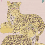Close-up view of the Yellow Cheetah Twin Floral Hand Tufted Rug in pastel, showcasing a detailed design of two lounging cheetahs. This elegant wool area rug is perfect for adding a touch of style to your dining room or living room, making it an ideal choice for formal dining room rugs.