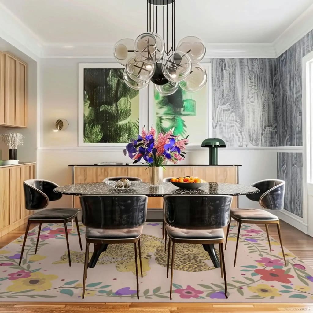 A stylish dining room featuring a Yellow Cheetah Twin Floral Hand Tufted Area Rug in pastel colors. The wool rug beautifully complements the elegant dining table and chairs, enhancing the formal dining room ambiance. Ideal for living room and dining room settings, this area rug adds a touch of sophistication with its vibrant floral and cheetah design.