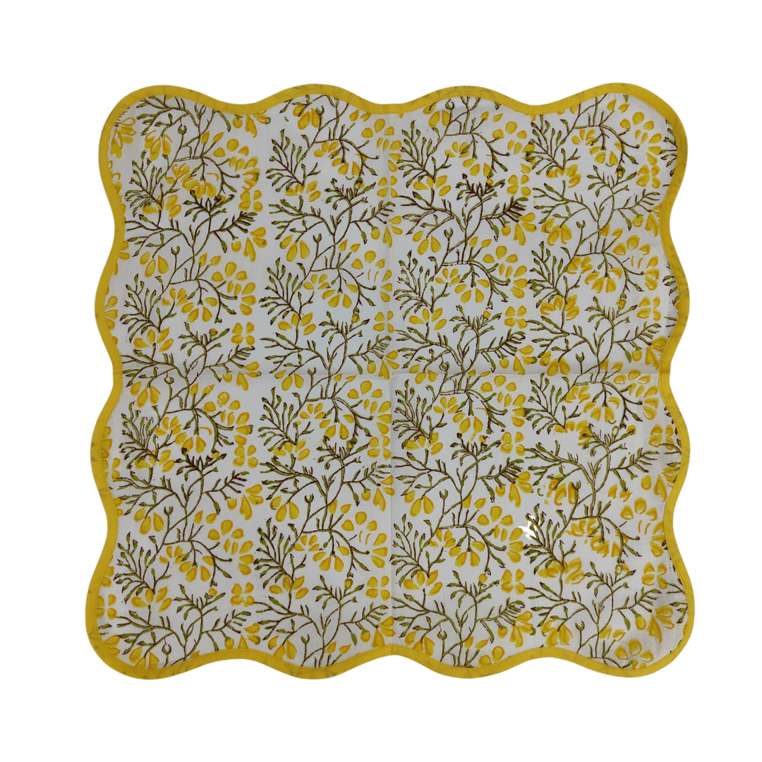 Yellow Floral Block Printed Scalloped Cotton Napkins