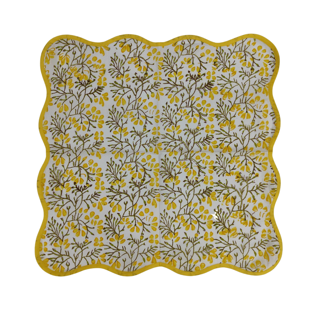 Yellow Floral Block Printed Scalloped Cotton Napkins - MAIA HOMES
