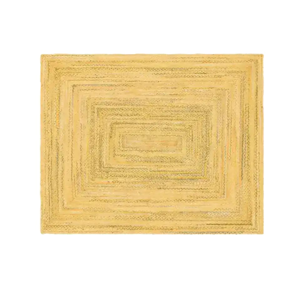 Top view of a Yellow Hand Braided Jute Rug, perfect for adding a natural touch to your living room or bedroom. This square area rug features intricate braiding, making it an ideal choice for those seeking stylish rugs for living room spaces.