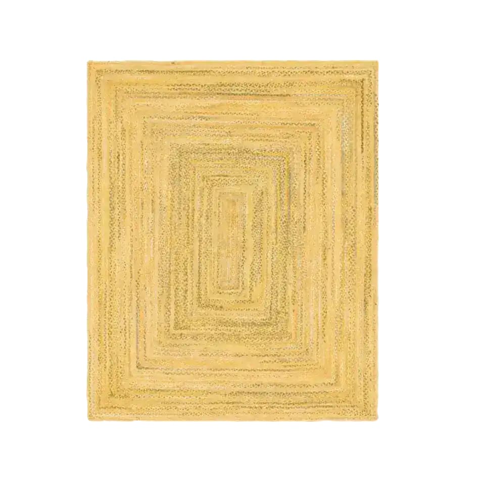 Top view of a yellow hand braided jute area rug, perfect for enhancing the aesthetic of living rooms or bedrooms with its natural texture and warmth.