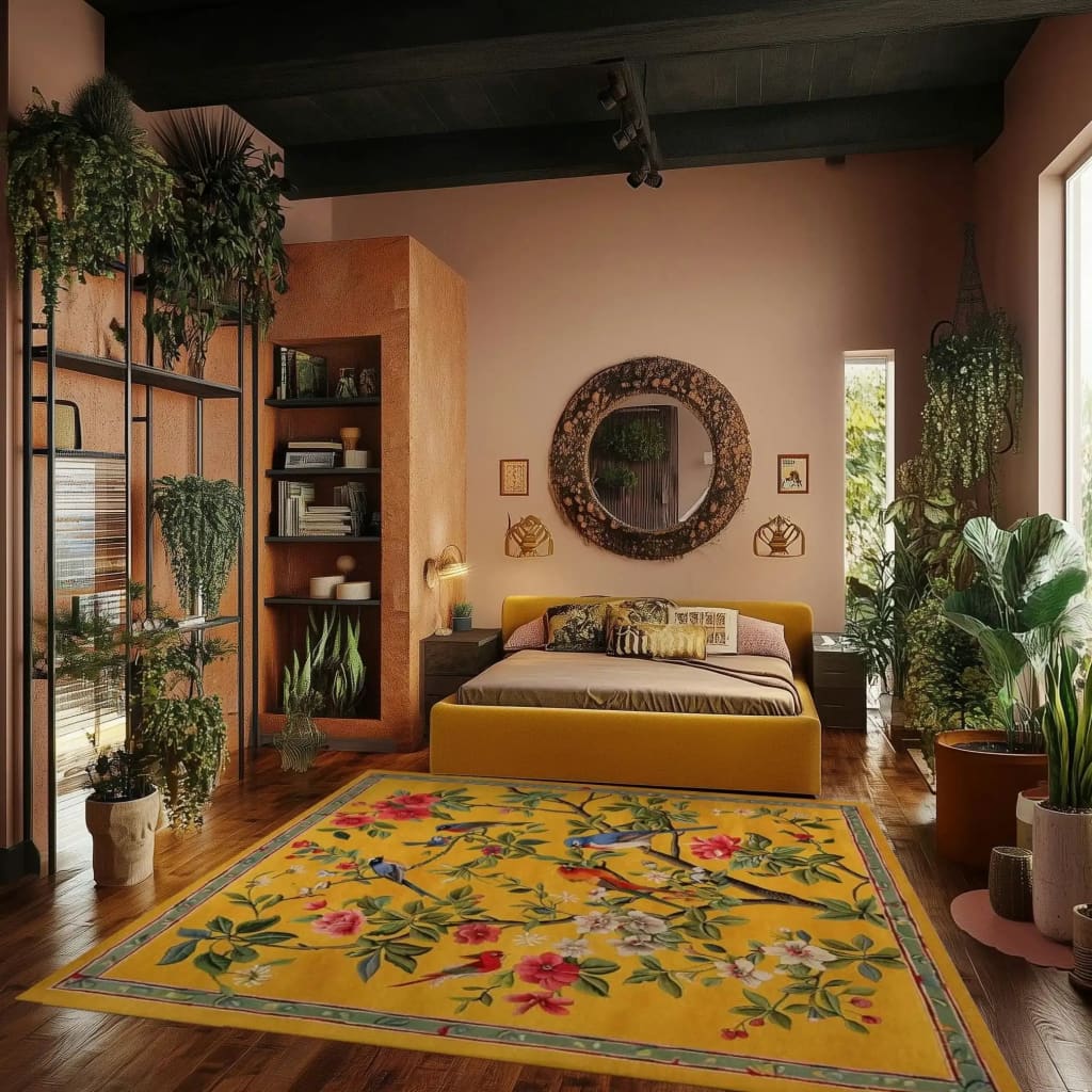 A vibrant Yellow Meadow Harmony Square Hard Viscose Tuft Rug featuring a floral design with colorful birds and flowers, perfect for a living room setting. This area rug, with its wool-like texture and square shape, adds a splash of color to the room's decor, beautifully complementing the lush green plants and modern furnishings. Ideal for those seeking a floral rug in an 8x10 size for their living space.