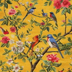 A vibrant square area rug featuring a floral design with colorful birds perched on branches against a sunny yellow background. This wool rug is perfect for adding a touch of nature to your living room, making it an ideal choice for living room rugs 8x10. The intricate floral and bird patterns make it a standout decorative piece among square area rugs.