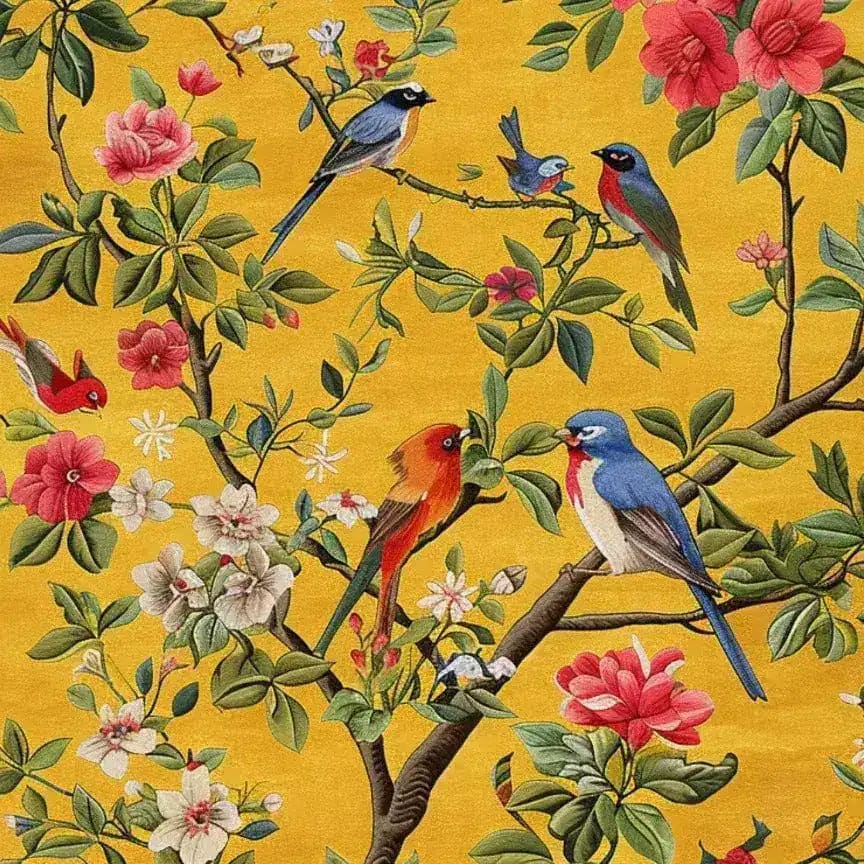 A vibrant square area rug featuring a floral design with colorful birds perched on branches against a sunny yellow background. This wool rug is perfect for adding a touch of nature to your living room, making it an ideal choice for living room rugs 8x10. The intricate floral and bird patterns make it a standout decorative piece among square area rugs.