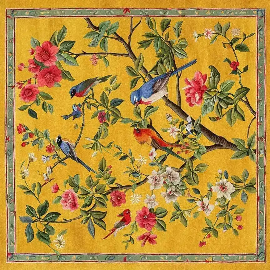 Vibrant yellow square area rug with a lush floral and bird design, perfect for adding a touch of nature to your living room. This wool rug features an intricate pattern of colorful birds and blooming flowers, making it an eye-catching floral rug choice for living room rugs 8x10 settings.